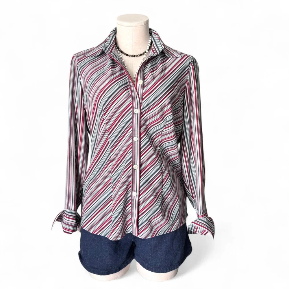 Vintage Worthington‎ Pinstripe Shirt Red Gray | Dark Academia Office Chic School